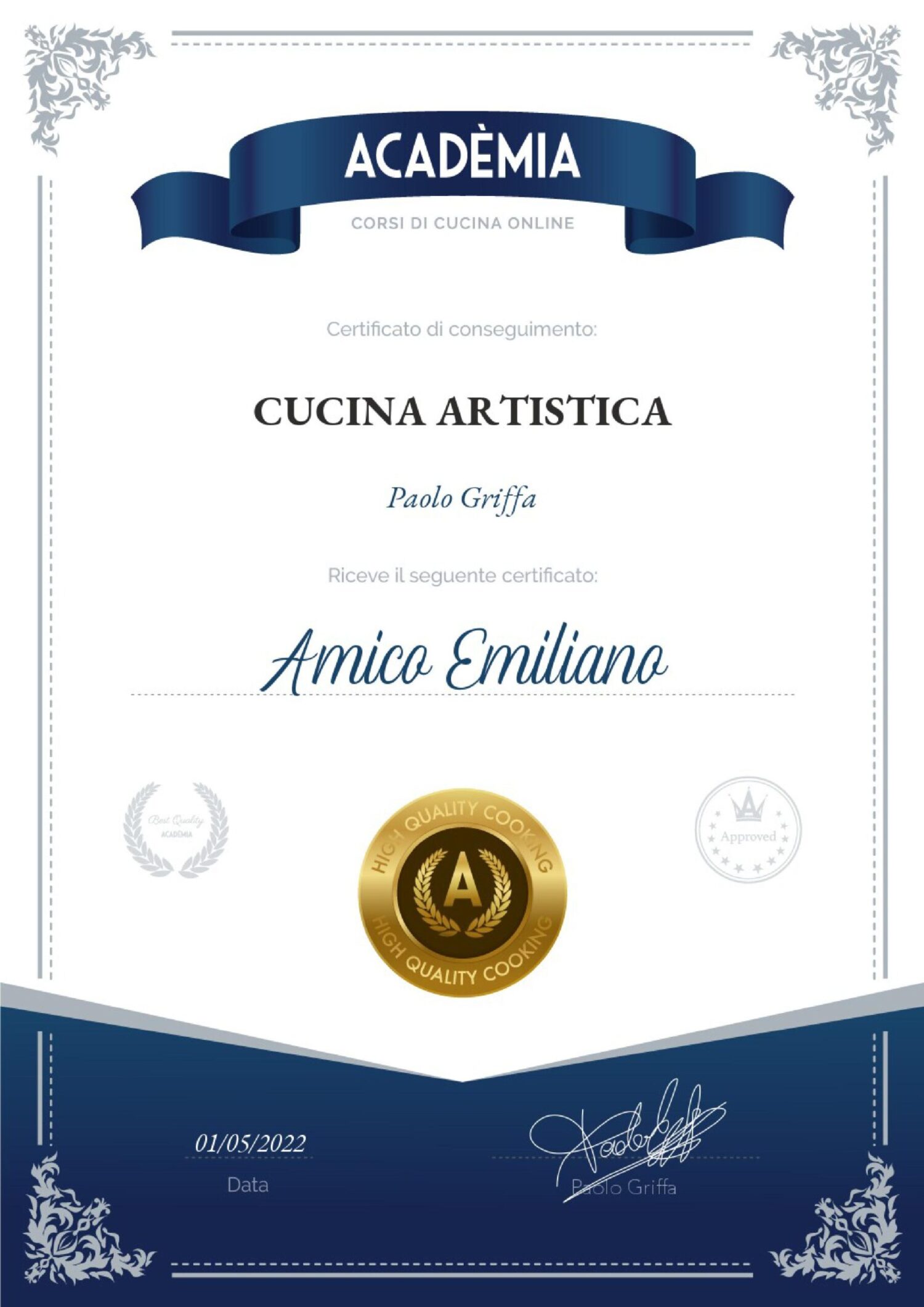 I miei attestati di partecipazione rilasciati da Acadèmia che è una piattaforma online di corsi di cucina realizzati con i migliori chef italiani ed europei.